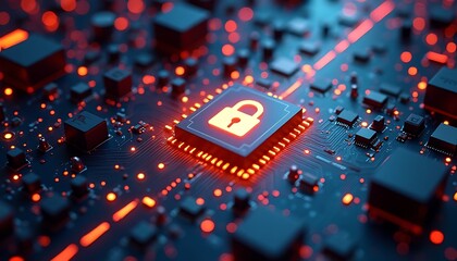 Circuit board with glowing padlock. Electronic device component.