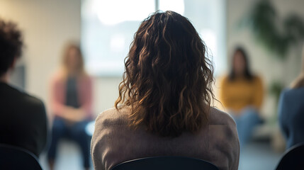 Person from behind at a blurred group therapy session