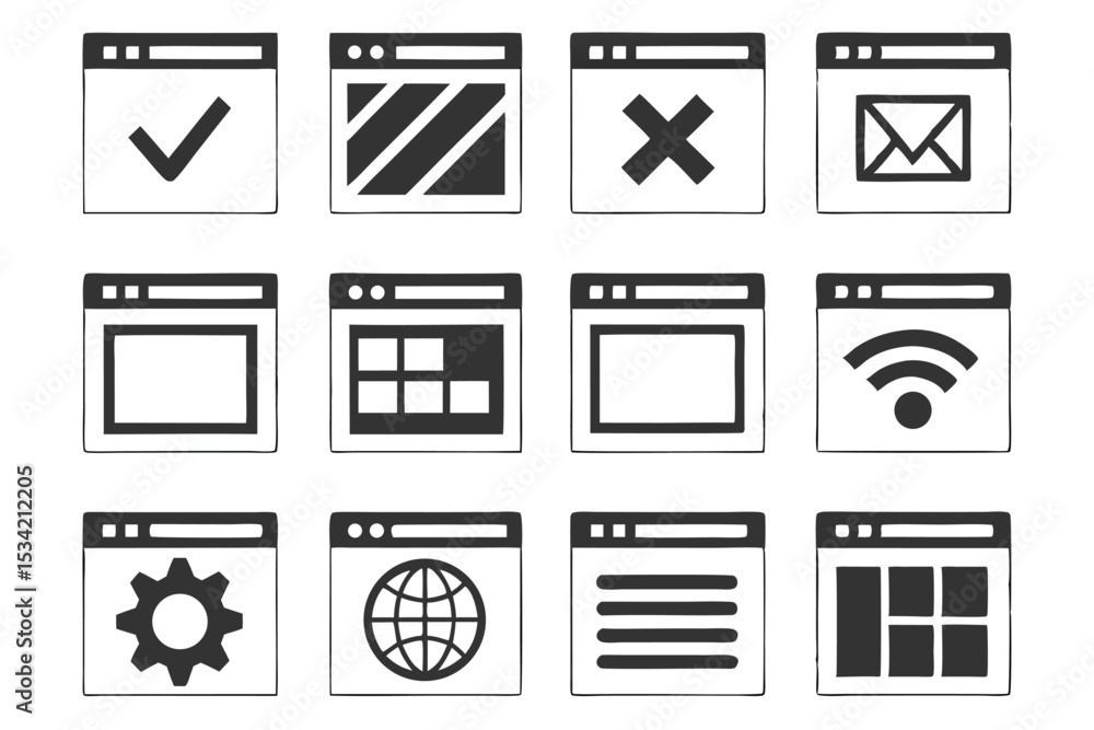 Poster hand drawn web browser window icons illustrating internet navigation and technology concepts