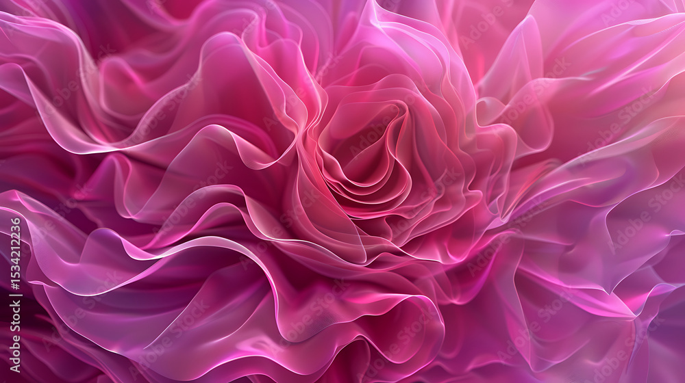 Poster an abstract floral design unfolds with layers of translucent pink and magenta petals, creating a dre