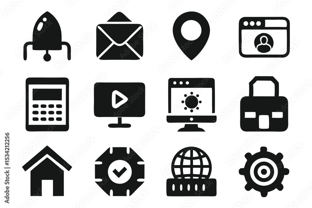 Poster set of black and white icon elements representing various communication and technology concepts