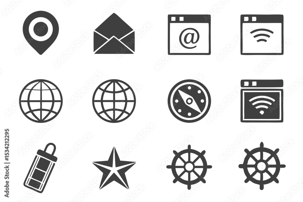 Poster set of isolated black icons representing various concepts in web design and communication