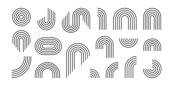 Line logo set. Boho zen arch. Minimal boho arch. Simple line rainbows. Abstract shape, outline arc. Modern decorative element rainbow arc collection. Contemporary bohemian illustrations.