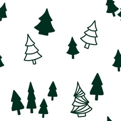 Obraz premium White Christmas pattern with green Christmas trees. New Year 2026. Natural seamless pattern, white festive winter print for wrapping paper, fabric and textile. Background for New Year's cards.