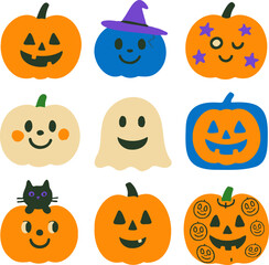 Cute and spooky pumpkins in a naive modern style with bright colors and neon accents. Perfect for Halloween cards, kids design, decorations, and seasonal creative projects.	