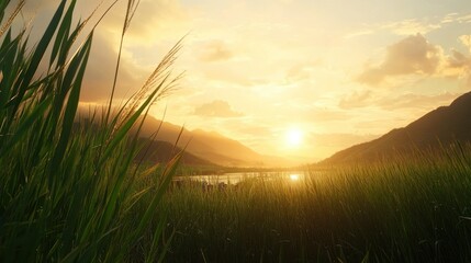 Golden sunset over a tranquil lake, framed by tall grass