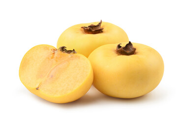 Ripe Diospyros decandra fruit with cut in half isolated on white.