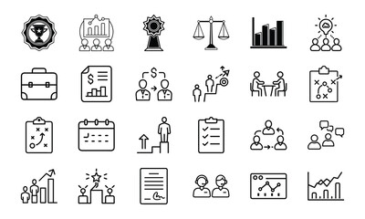 Business and finance icons set representing goals success and strategy