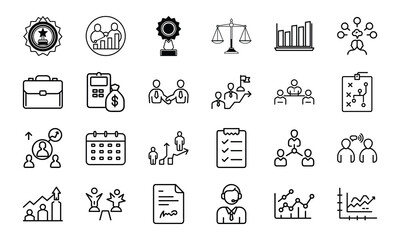 Business and finance icon package illustrating success strategy and teamwork