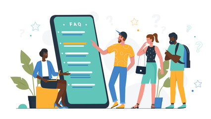 Faq concept, online support call service and people customers vector illustration. Cartoon woman man characters with questions standing near giant smart phone and hotline operator isolated on white