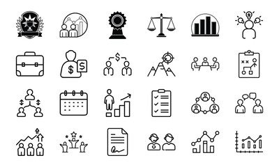 Business and management icons illustrating finance teamwork strategy and success package