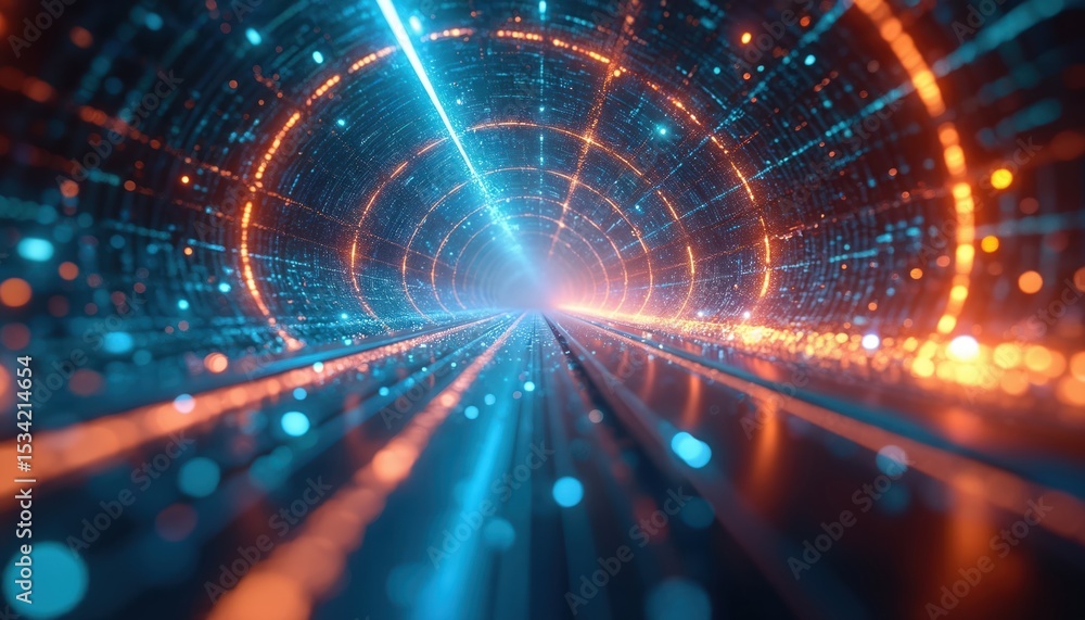 Poster abstract digital tunnel, glowing neon lights, futuristic data transfer. cybernetic space with moving