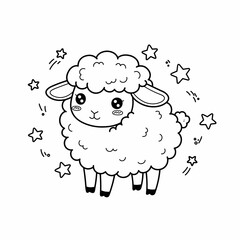 Obraz premium Cute fluffy sheep surrounded by stars in a whimsical style - Concept of Kawaii Animal Coloring Page 
