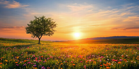 Sunset Over the Wildflower Horizon, ai generated.