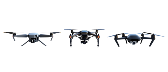 A collection of three drones displayed from different angles, showcasing their design and features for aerial photography and videography.