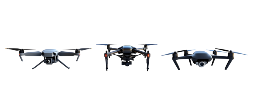 A collection of three drones displayed from different angles, showcasing their design and features for aerial photography and videography.