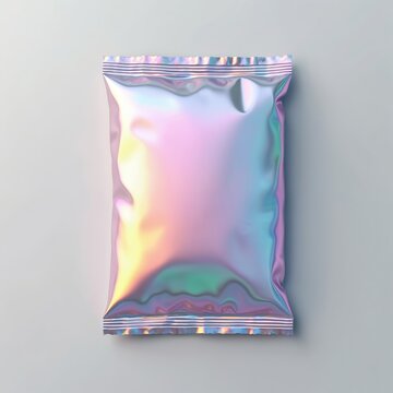 Iridescent booster pack trading card packaging mockup. Blank shiny plastic background with colorful design. Foil trading card pack, empty package template. Modern product display, gift wrap design.
