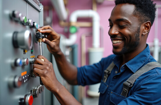 Smiling black worker adjusts sensors in boiler room with screwdriver. African-American technician engaged in equipment maintenance. Pro plumber mechanic service work. Man in blue uniform with
