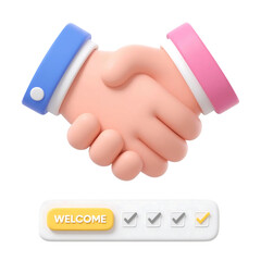 3D illustration of handshake and welcome button for business agreement or login UI