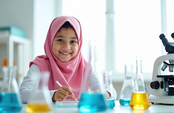 Joyful muslim girl wears hijab, studies science in lab. Smiling child sits at table with flasks and microscope. Happy little student studies chemistry in class.