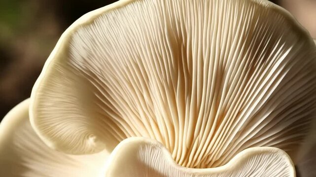 Close up macro of the intricate gills of oyster mushrooms showing their delicate texture and organic flowing structure in cream color
