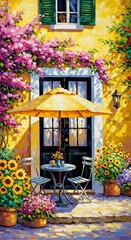 Charming impressionistic painting of a sunny italian cafe terrace with blooming flowers