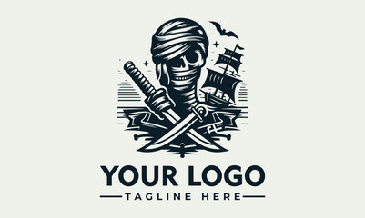 Intricate illustration of a rugged pirate figure with a classic hat, crossed swords, and a majestic sailing ship in the background. Maritime adventure concept