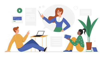 Online video lecture, distance learning course or conference vector illustration. Cartoon teacher character teaching people students by internet from laptop screen, education concept isolated on white