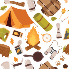Camp outdoor adventure, hiking camping seamless pattern vector illustration. Cartoon cute equipment for summer tourism and fishing, camper tent backpack campfire compass isolated on white