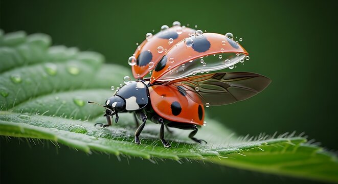 Detailed macro shot of a ladybug with water droplets on leaf in natural setting
