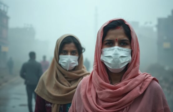 Women wearing face masks in city during heavy air pollution. Residents faces protection, health awareness in smoggy foggy environment, close-up view of social issues. Climate crisis, pollution impact.