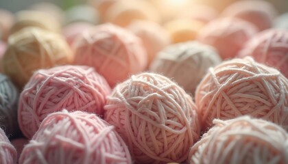 Close up shot of balls of pink, white and peach yarn used for knitting