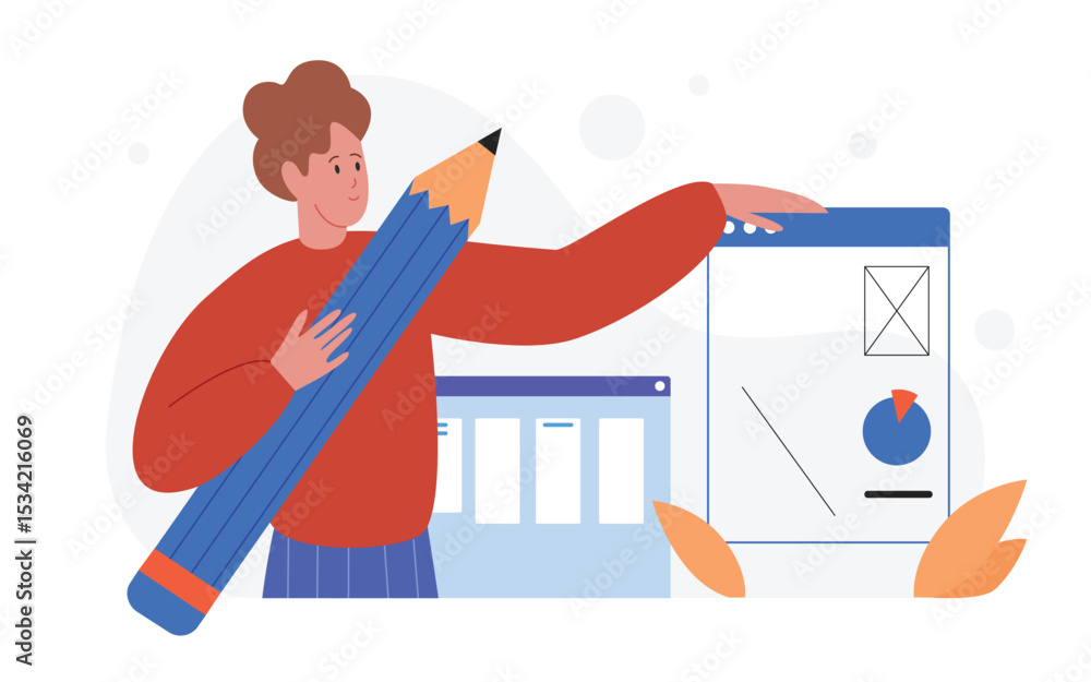 Poster people working on app web development vector illustration. cartoon man developer character holding b