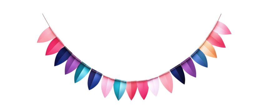 A colorful decorative garland with triangular flags in various shades, suitable for festive occasions.