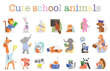 Cute animals study in school set, education vector illustration. Cartoon funny zoo wild animal or bird character holding book to read and learn alphabet near cute school animals text isolated on white