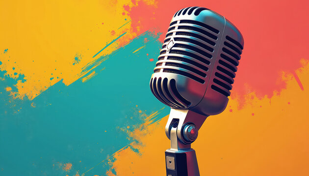 Shiny retro microphone against colorful splash background. Isolated object perfect for open mic night karaoke party performance. Music entertainment media concept illustration.