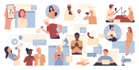 People and social media online chat, internet network communication vector illustration. Cartoon user characters community using smartphone, laptop mobile digital technology to communicate background