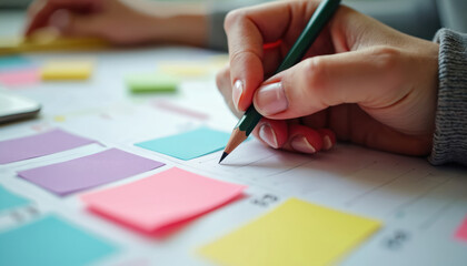 Woman planning schedule using colourful paper calendar with pencil in office. Time management, note taking, planning workflow, organisation concept. Female hand writes schedule on colorful sticky