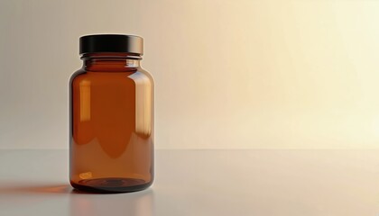 Amber glass bottle with black cap. Used for supplements medicine or liquids. Clear object against neutral background. Empty container for pharmacy products packaging.