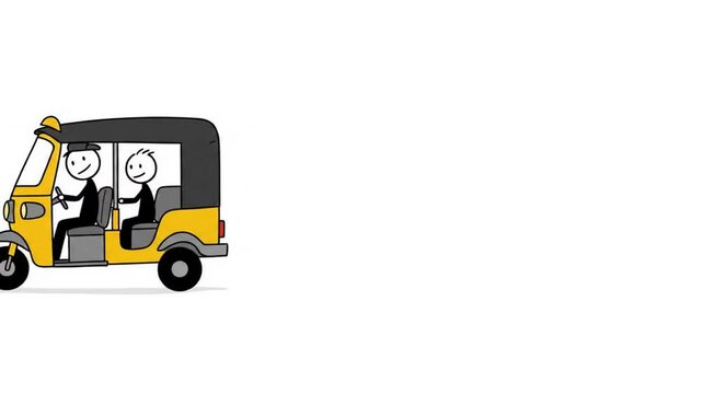Simple stick figure people in yellow auto rickshaw