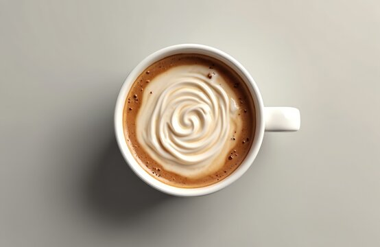 Top-down view coffee cup with cream. Cream swirl. Espresso, cappuccino, latte, hot beverage, breakfast. Cafe, restaurant, morning, break time. Caffeine drink.
