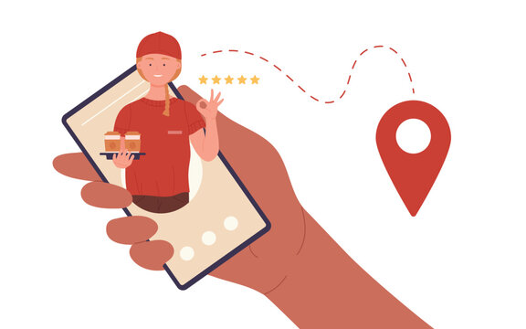 Coffee fast delivery vector illustration. Cartoon hand holding mobile phone, using smartphone app to order parcel with courier, address online delivery service with five stars rating isolated on white