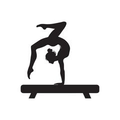 Minimalist gymnast on balance beam silhouette on white background