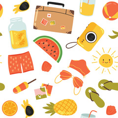 Summer seamless pattern vector illustration. Cartoon cute watermelon, sweet dessert ice cream gelato, suitcase, camera, bikini swimsuit, beach seashell, flip flops and sunglasses isolated on white