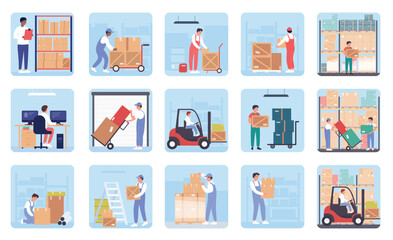 People work in warehouse, logistic service set vector illustration. Cartoon worker characters carry cardboard boxes, using forklift to load parcel packages in storage building interior background
