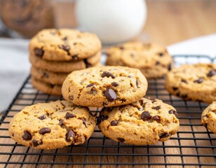 Stack Of Chocolate Chip Cookies On Wire Rack