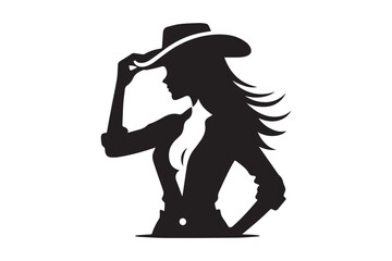 Minimalist cowgirl silhouette silhouette on white background. Cowgirl wearing hat icon vector illustration.