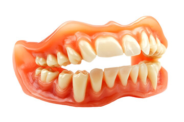 Obraz premium A realistic model of a set of dentures, showcasing both upper and lower teeth, typically used for dental education or demonstration purposes.