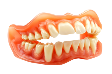 A realistic model of a set of dentures, showcasing both upper and lower teeth, typically used for dental education or demonstration purposes.