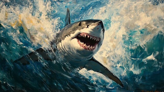 Great white shark leaping from ocean waves, powerful jaws, detailed painting.